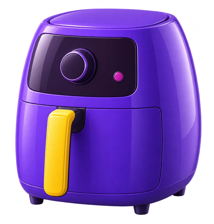 Air fryer roxa com puxador amarelo